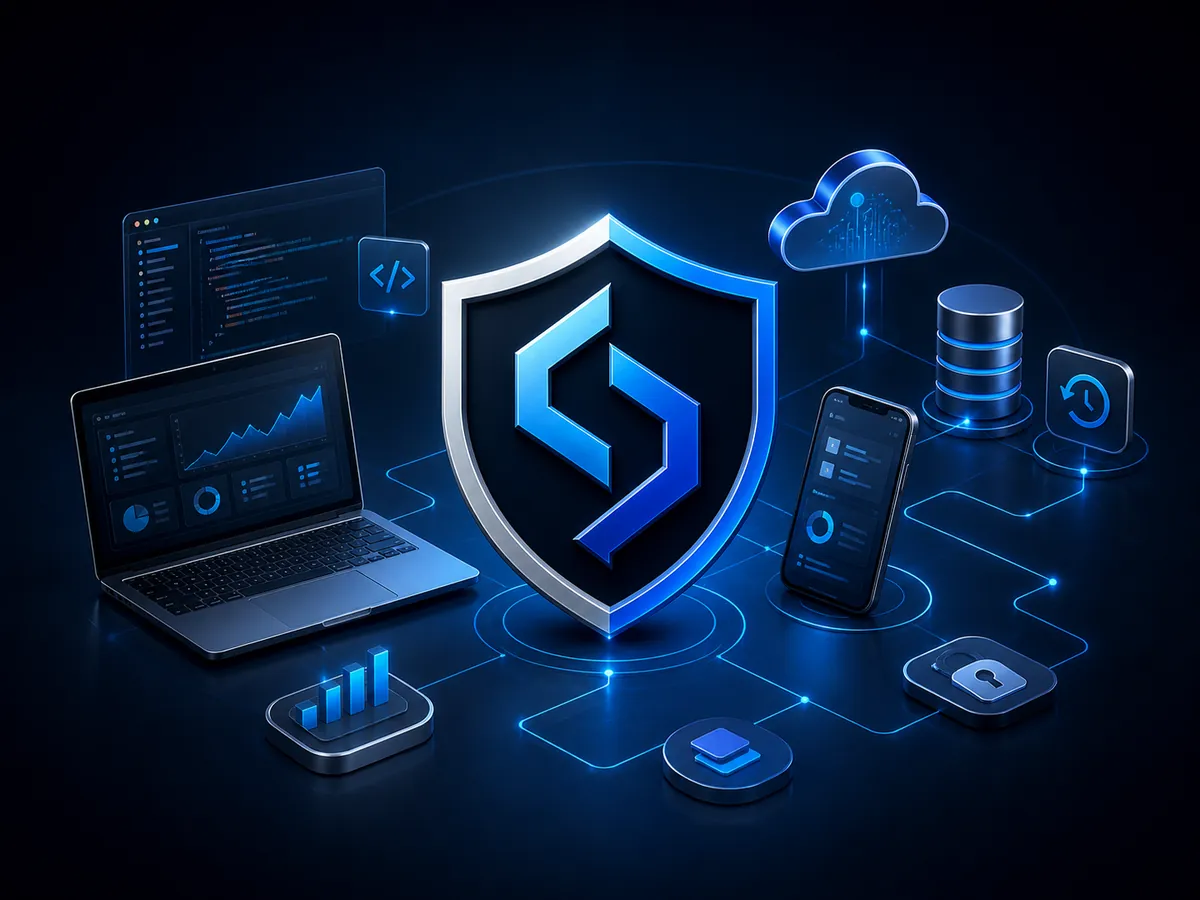 SIGLATECH shield surrounded by website, dashboard, cloud, database, and security system visuals
