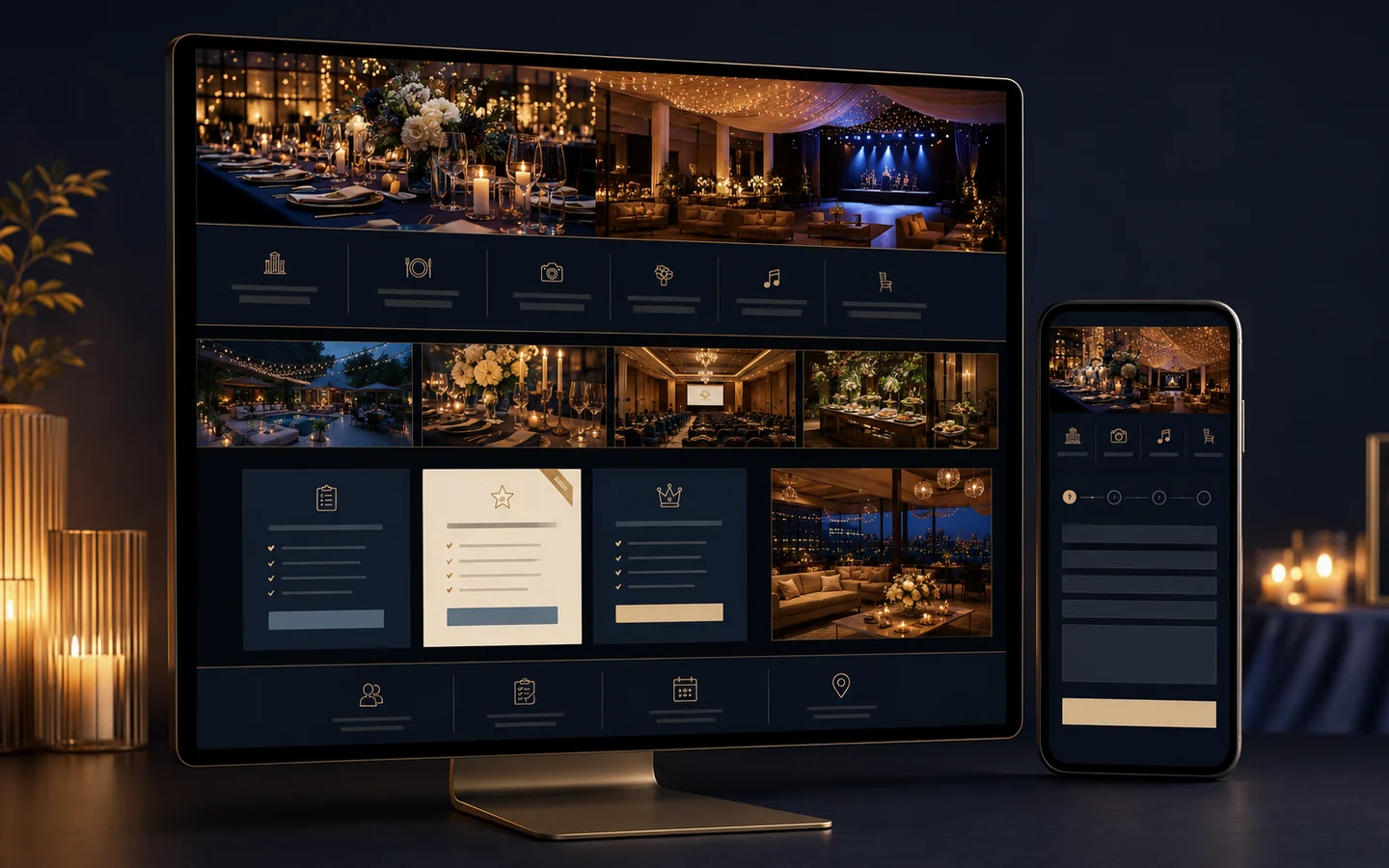 Original project cover illustrating Eventify on desktop and phone with event galleries, service categories, package panels, and an inquiry flow.