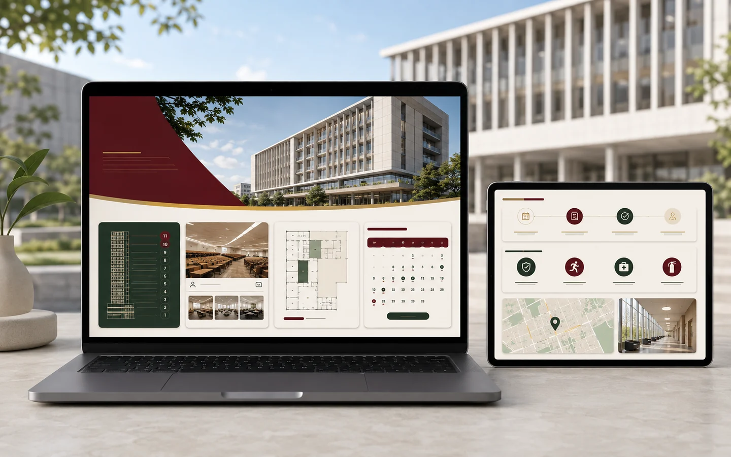 Original project cover illustrating the UPCM HSS-MSB building guide on laptop and tablet with a floor directory, calendar, safety resources, and map.