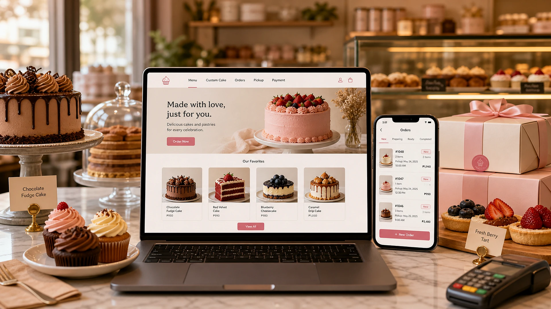 Cake shop website with custom cake orders and pickup tracking
