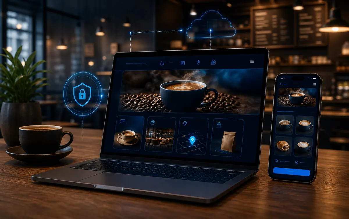 Coffee shop website concept displayed on a laptop and phone