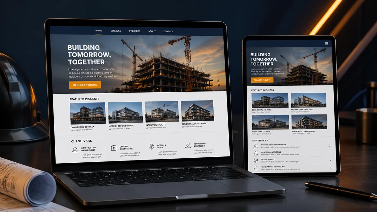 Construction company website concept shown on laptop and tablet screens