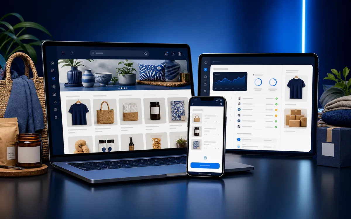 Online store concept showing a product catalog and order dashboard on multiple devices