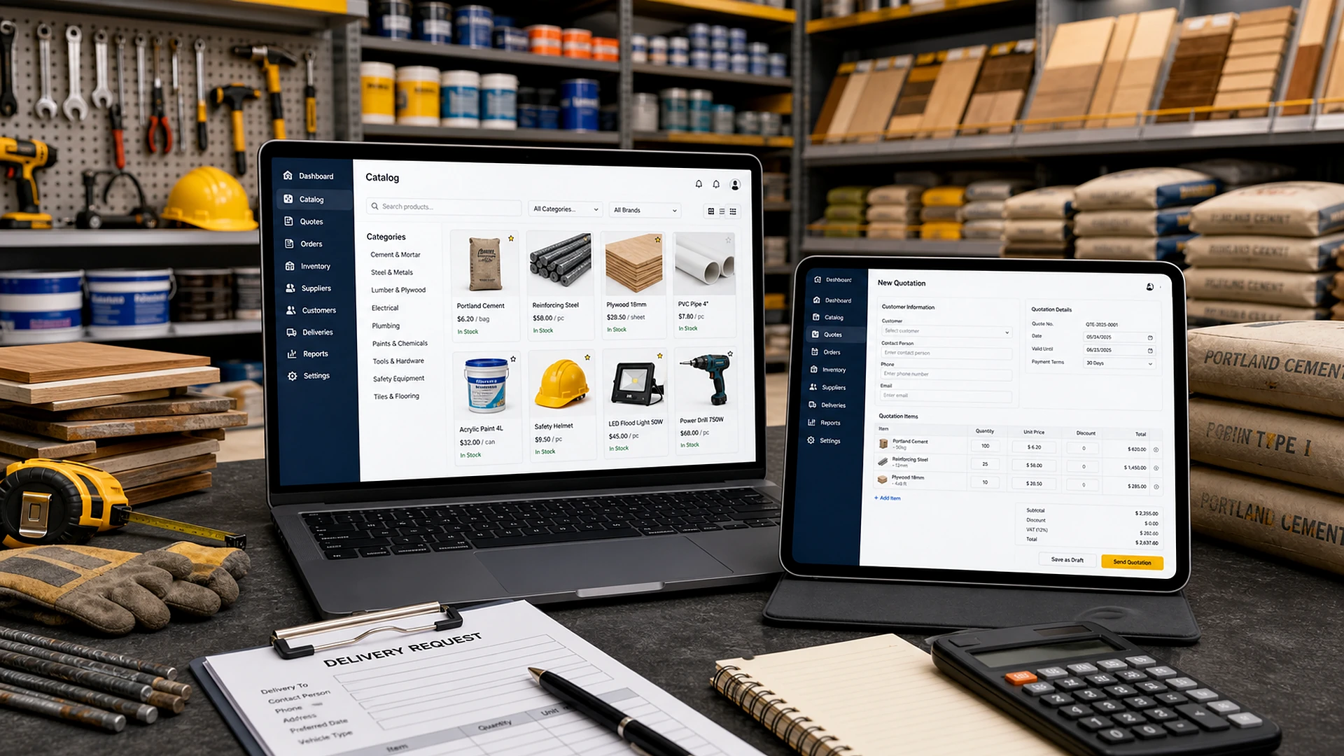 Hardware and construction supply catalog with quotation and inventory dashboard