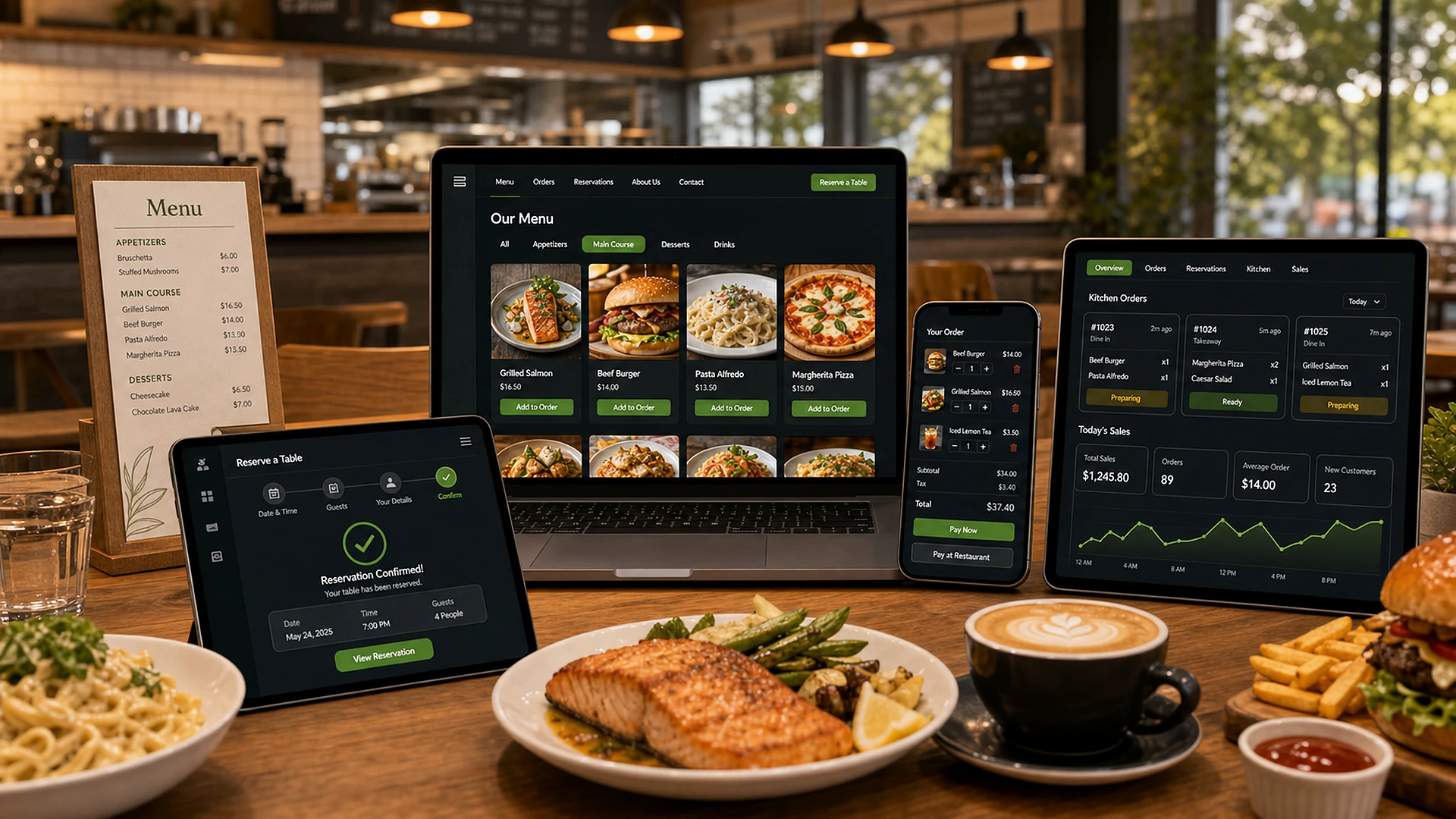 Restaurant digital menu with reservations, orders, kitchen queue, and sales dashboard