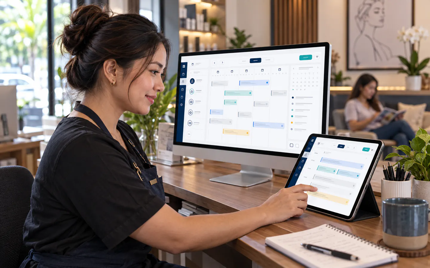 Business owner managing customer appointments on a desktop calendar and tablet.