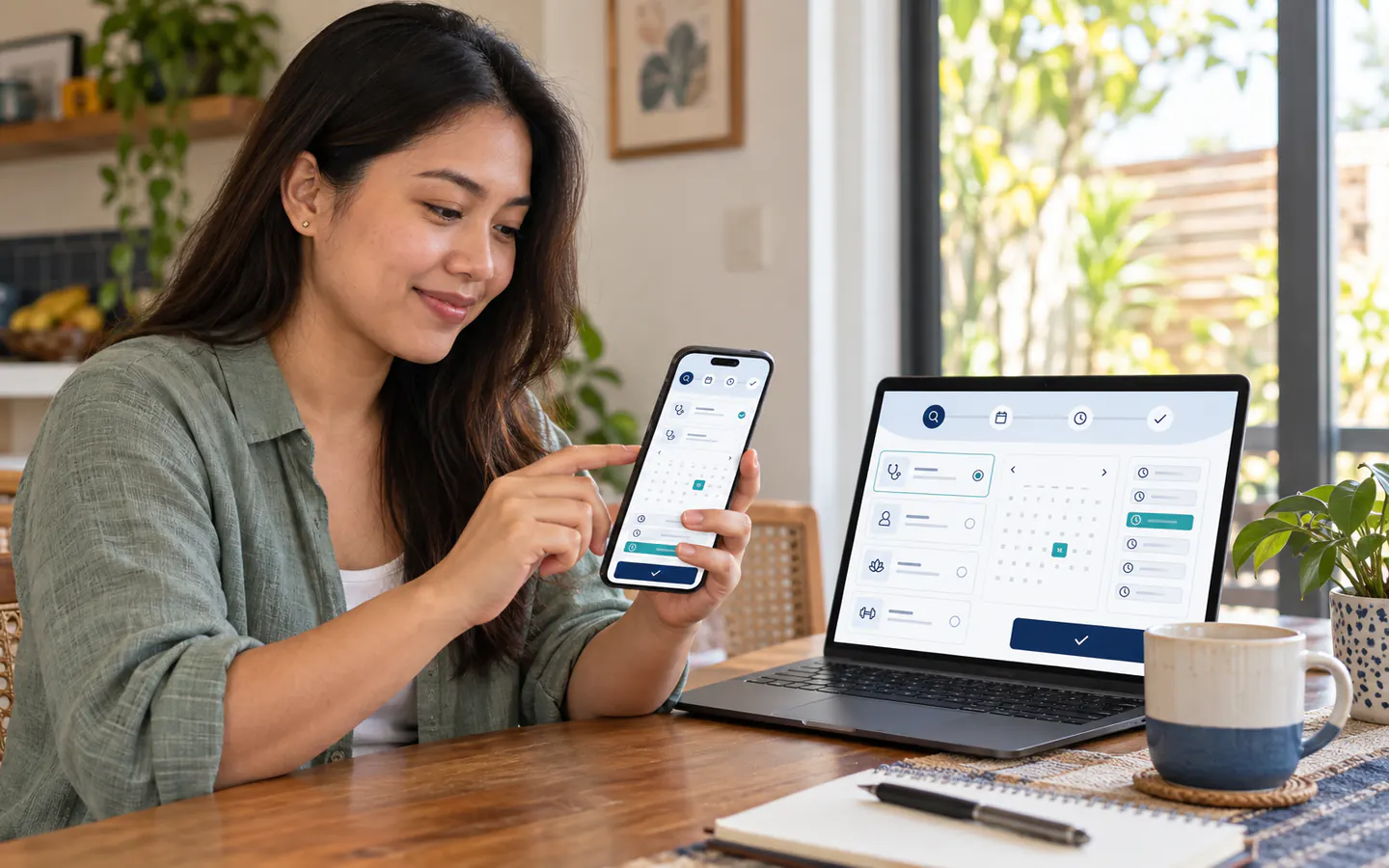 Customer choosing an appointment date and time on a phone beside a laptop displaying the same booking system.