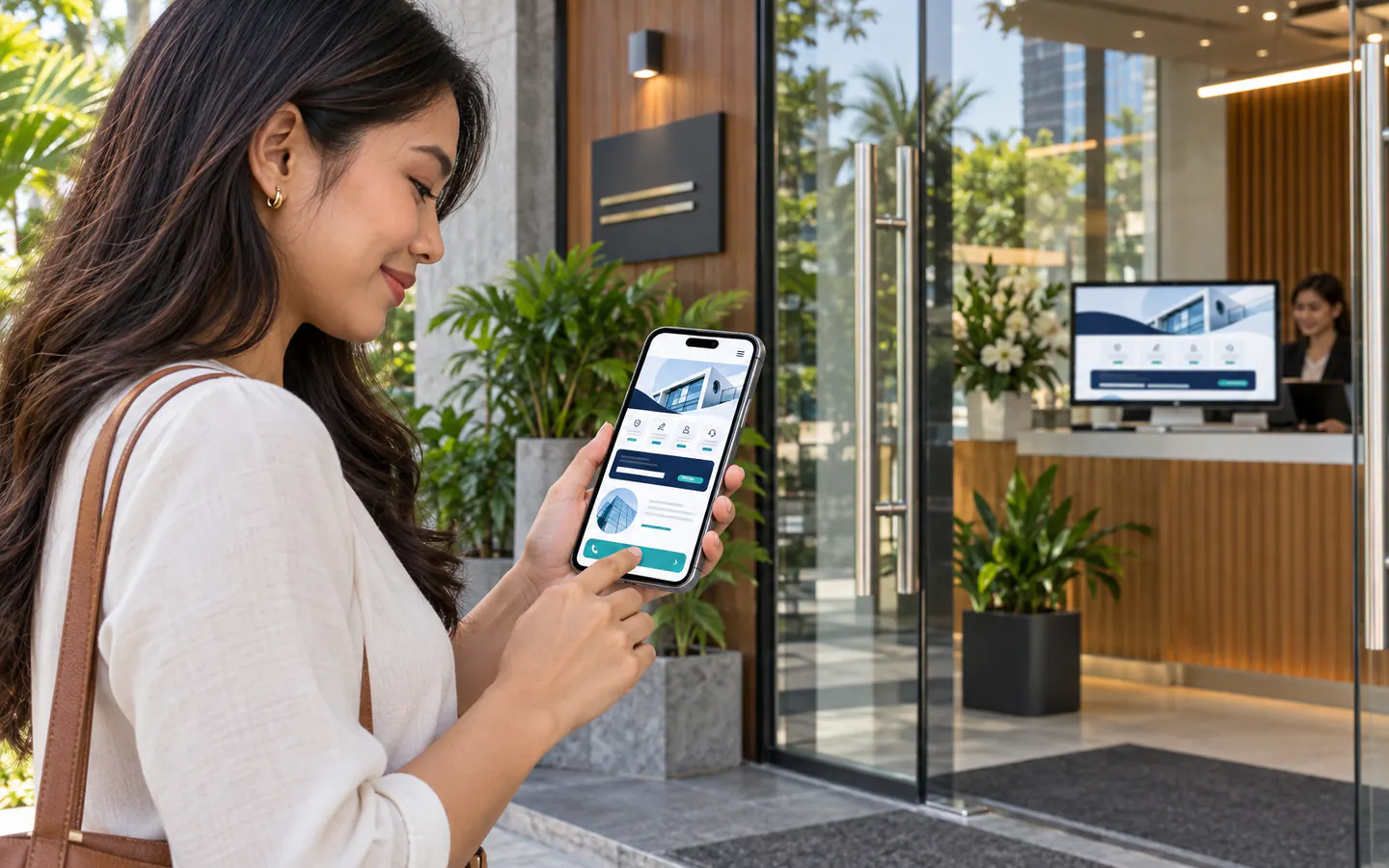 Customer using a company website on a phone outside the business while the matching desktop site appears at reception.