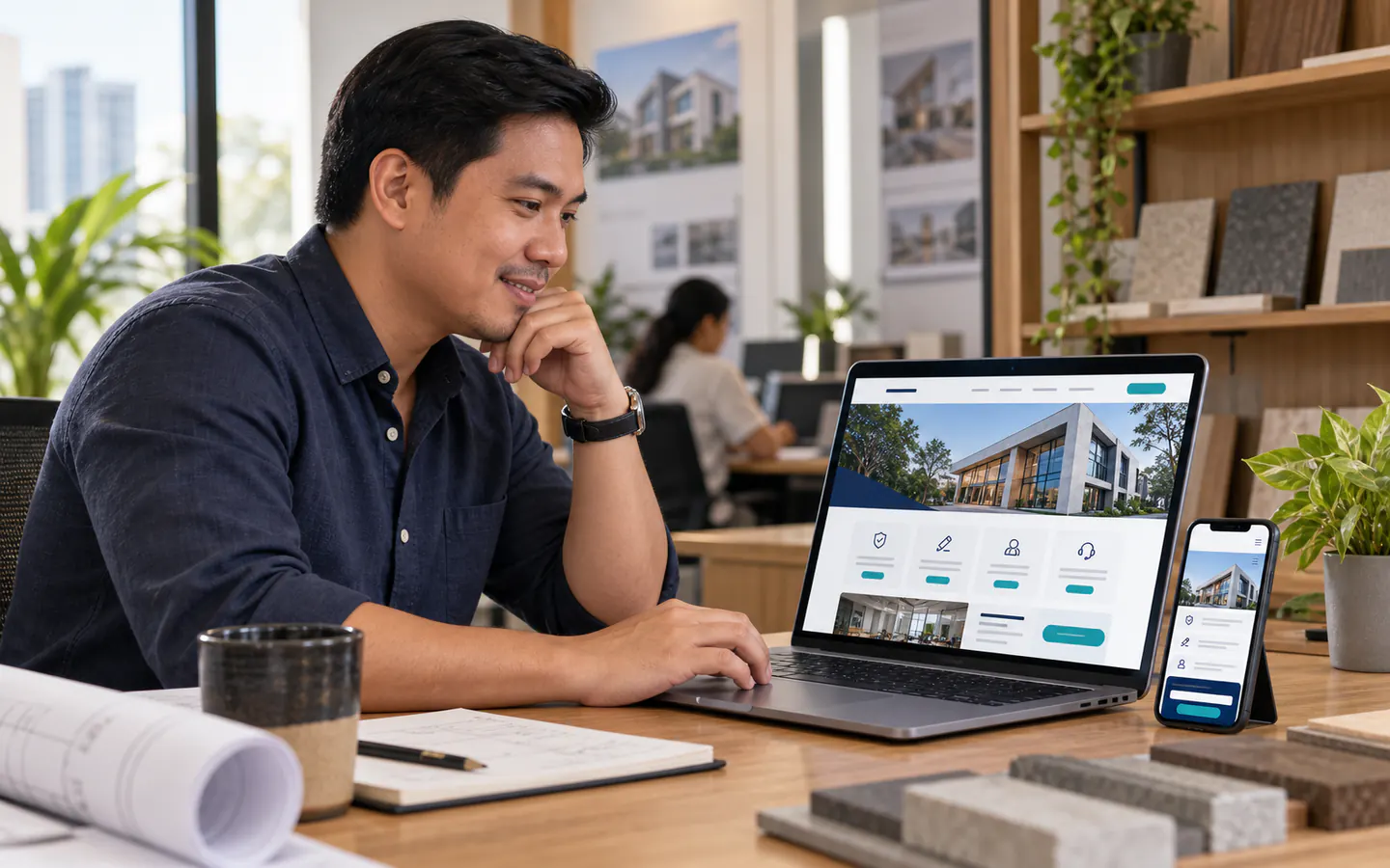 Business owner reviewing a professional company website on a laptop with its mobile version displayed beside it.