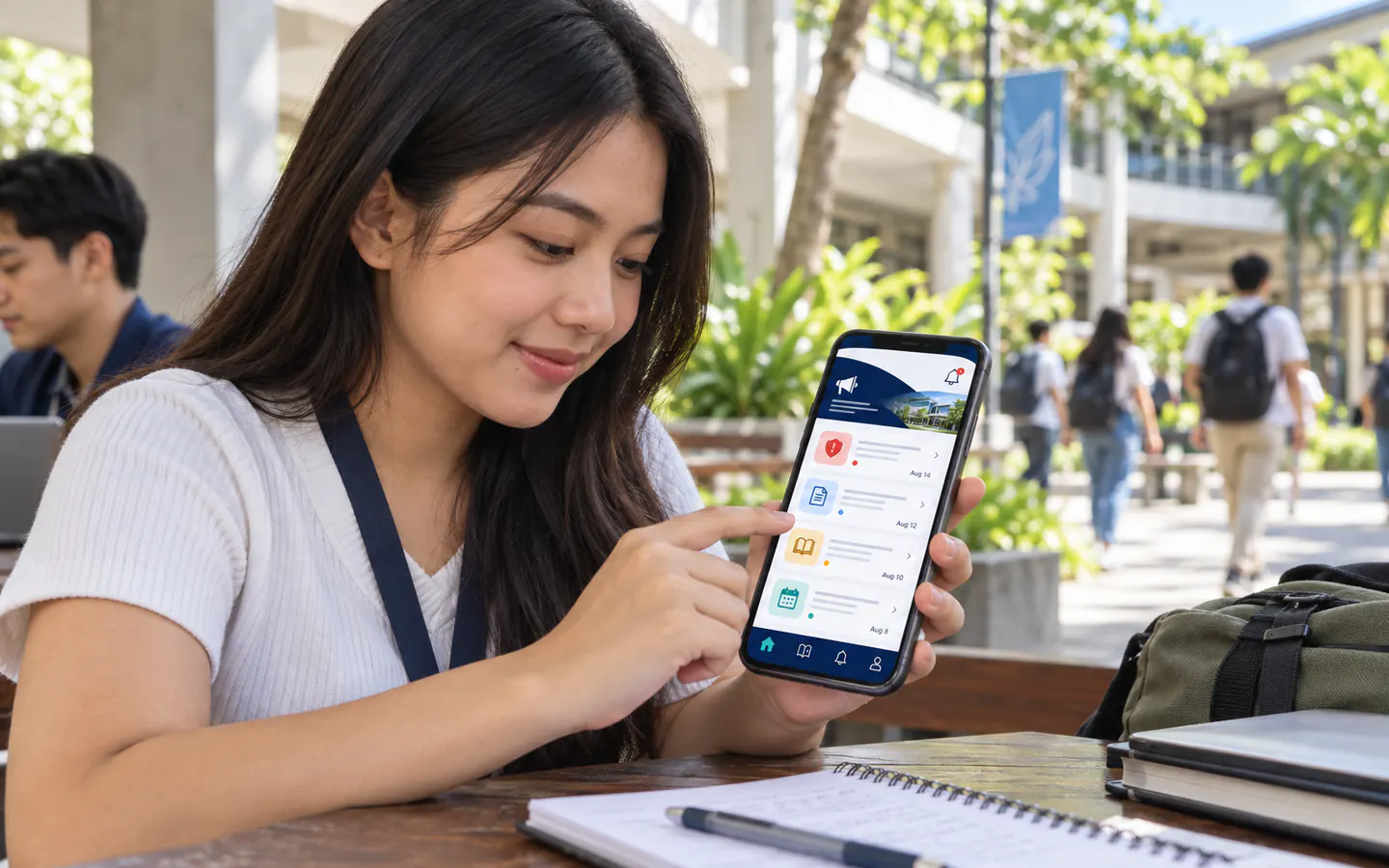 College student checking a school announcement feed on a phone while seated on campus.