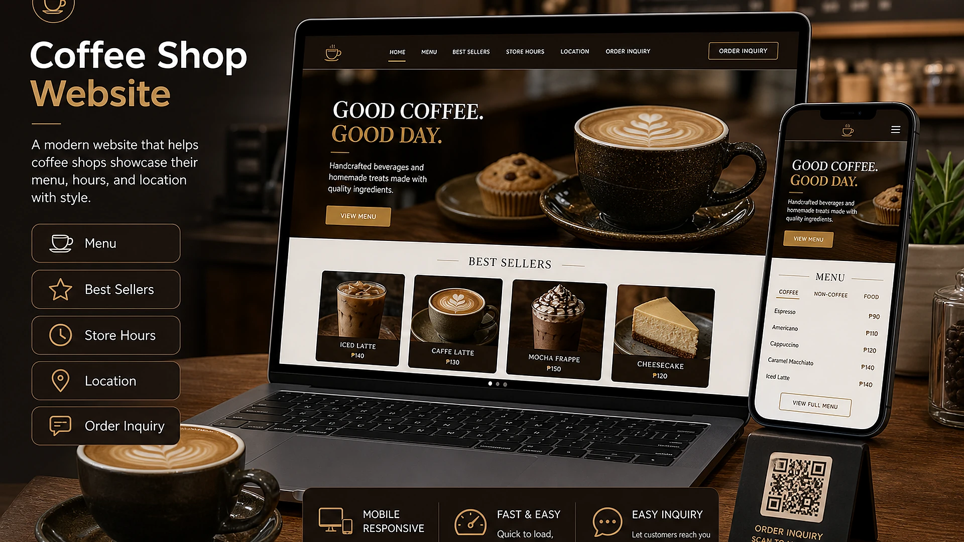 Coffee shop website concept with menu, store hours, location, and order inquiry
