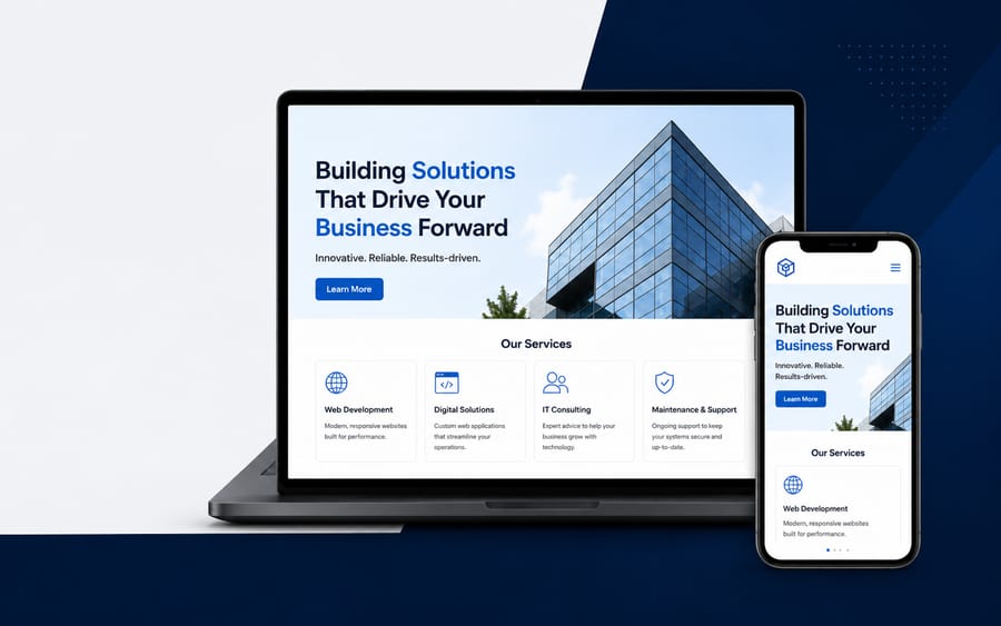 Responsive company website concept displayed across desktop, tablet, and mobile screens